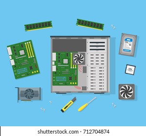Cartoon Personal Computer Components Circuit Board Element Device Concept Flat Design Style. Vector illustration of Pc Technology Component Set