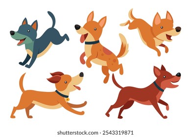 Animal de mascota de dibujos animados, lindo cachorro y perros en diferentes poses, corriendo, saltando y durmiendo Ilustración vectorial de personajes sobre fondo blanco