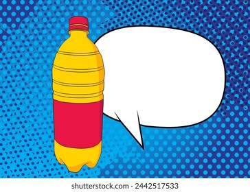 Cartoon Pet Bottle with blank speech bubble, comic book drinking water background. Retro vector comics pop art design.