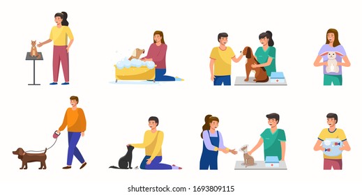Cartoon pet care concept design. Male and female characters care for pets - walking dog, relaxing with cats, vet visit, hugs a rabbit, aquarium fish. Collection care of animals. Vector illustration