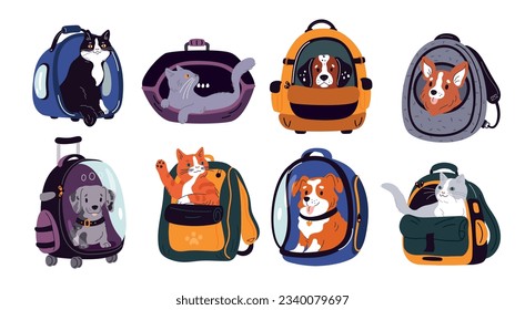 Cartoon pet carriers. Dogs and cats transportation. Bags for puppy or kitten convenience. Transporter backpacks and containers. Animals travel. Comfort and safety. Garish