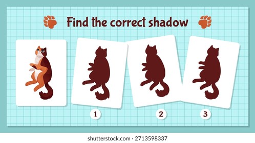 Mascota de dibujos animados. Encuentra la sombra correcta. Linda sombra para mascotas. Formas Kitty. Juego educativo de emparejamiento para niños. Hoja de trabajo infantil preescolar. Prueba mental. Búsqueda de la solución correcta. Juego de lógica. Diseño de página de rompecabezas de Vector