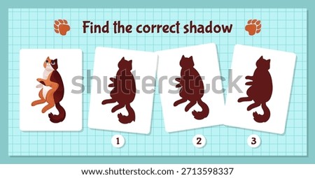 Cartoon pet. Find correct shadow. Cute pet shade. Kitty shapes. Educational matching game for children. Preschool kid worksheet. Mind test. Search right solution. Logic game. Vector puzzle page design