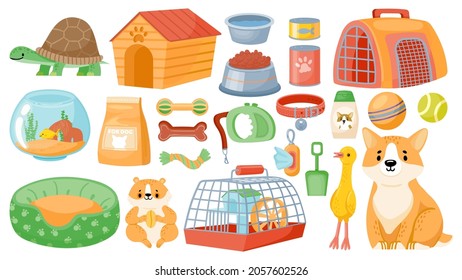 Cartoon Pet Food, Accessories, Care Items, Toys And Treats. Animal Shop Supplies, Collar, Dog Grooming, Hamster Cage And Aquarium Vector Set. Store With Products For Turtle And Fish