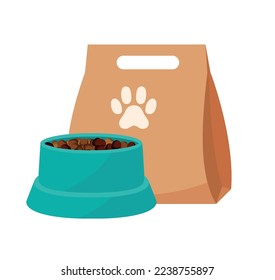 Cartoon pet food. Cat and dog feed packaging. Home animal feeding concept. Can and box. Plate for meal. Puppies bones. Vet shop. Canine feeder. Doggy snacks. Vector illustration Eps 10