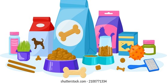 Cartoon pet food, cats and dogs pet shop accessories. Domestic pet food, pet shop equipment poster vector illustration. Animal food and accessories advertising background. Bowls with meal for fish