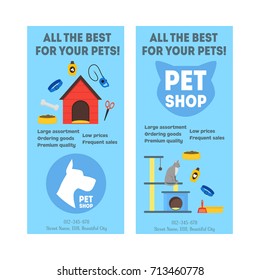 Cartoon Pet Shop Banner or Flyer Service Vertical Set Accessories and Food. Vector illustration