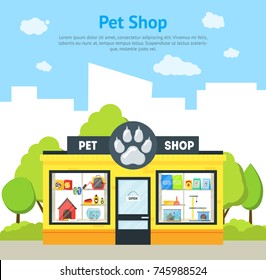 Cartoon Pet Shop Building Card Poster Exterior Facade Domestic Animal Store On A Urban Street. Vector Illustration