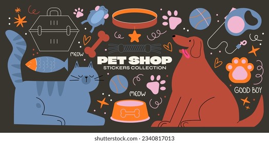 Cartoon pet shop stickers. Animals cat and dog in a groovy style with veterinary elements.Accessories and equipment for animals