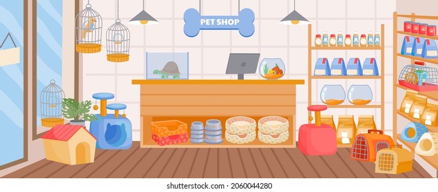 Cartoon Pet Store Interior With Counter Desk And Shelves. Empty Animal Shop Indoor With Accessory, Toy, Food. Zoo Supermarket Vector Concept. Tools, Products And Snacks For Domestic Animals