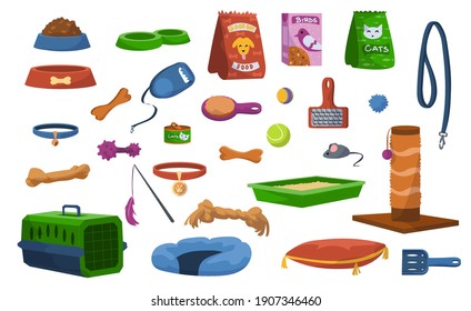 Pet accessories and food set. Dogs and cats supplies, pet shop equipment,  toys, home, bowl, cage, scratching post, ball, collar, dog bed. Pet care  equipment. Vector illustration., Stock vector