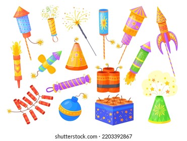 Cartoon petards. Feast firecracker and fireworks, fire crackers explosion pyrotechnic firework festive salute party celebration confetti, vector illustration of festival firecracker and petard