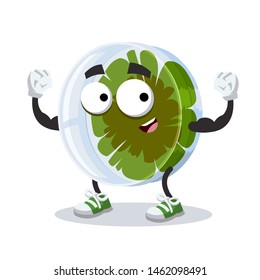 cartoon petri dish with bacteria or viruses mascot shows its strength on a white background