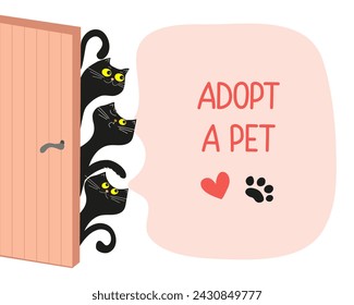  Cartoon pets. Animal adoption. Text, lettering. Help, care for homeless animals. Banner, frame with funny cats. Postcard, flyer design. Vector illustration, isolated background.