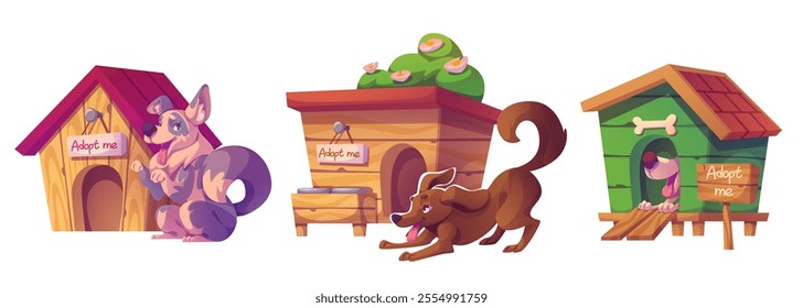 Cartoon pets awaiting adoption near colorful wooden shelters. Cute happy playful dogs in cozy homes with flower bush and bone ornaments. Set of pup companions beside kennels with Adopt me sign.