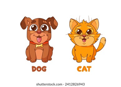 Cartoon Pets Cat And Dog Animals Isolated On White Background. Adorable Animated Personages For Children Media