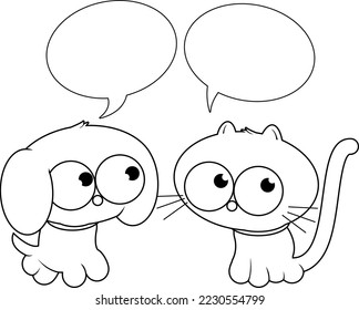 Cartoon pets, a cat and dog. Vector black and white coloring page.