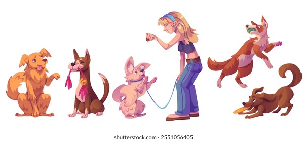 Animais de estimação de desenhos animados mostrando comportamento diferente. Ilustração vetorial conjunto de cães divertidos engraçados com jovem dona ou treinador. Formação positiva e atividades recreativas de animais domésticos.