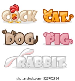 Cartoon Pets, Funny Cute Animal Text Name. Dog, Cat, Rabbit, Pig And Rooster On White Background