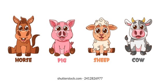 Cartoon Pets Funny Horse, Kawaii Pig, Fluffy Sheep With Cute Bunny. Adorable Farm Animals With Endearing Smiles