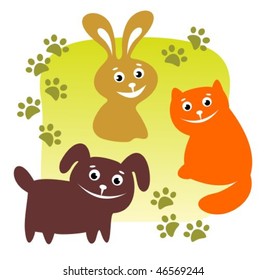 Cartoon pets and his traces on a green background.