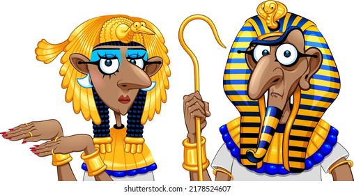 Cartoon Pharaoh and Cleopatra. Vector isolated characters.