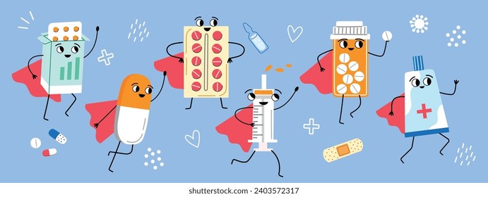 Cartoon pharmaceutical super heroes. Comic medicinal preparations characters, funny pills, syringes and capsules with cute faces, vector set.eps
