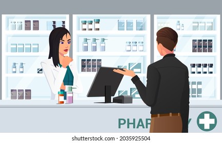 Cartoon Pharmacist and client at the Counter buying Medications in Pharmacy