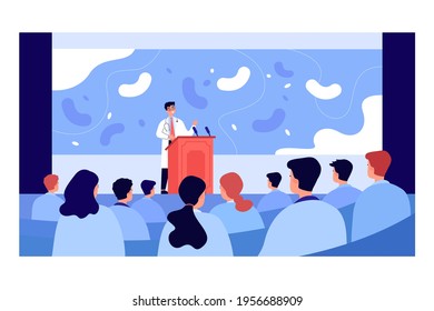 Cartoon Pharmacist Giving Presentation On Seminar. Doctor Making Announcement To Audience Flat Vector Illustration. Healthcare, Medicine, Meeting Concept For Banner, Website Design Or Landing Web Page