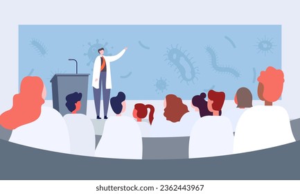 Cartoon pharmacist giving presentation on seminar. Doctor making announcement to audience flat vector illustration. Healthcare, medicine, meeting concept