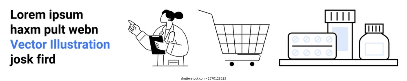 Cartoon pharmacist holding a clipboard, talking to someone. Next to her is a shopping cart and various medicine bottles and boxes. Ideal for online pharmacy, healthcare, medical, shopping