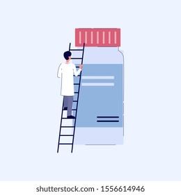 Cartoon Pharmacist Man Climbing A Ladder To Giant Medicine Bottle With Prescription Label Isolated On White Background - Doctor Getting Pills From Big Jar - Flat Vector Illustration.