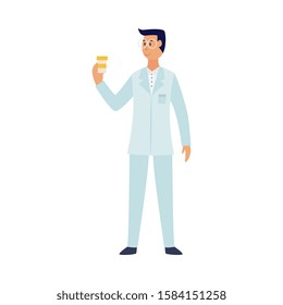 Cartoon pharmacist man in medical uniform holding pill bottle and looking at label - happy doctor standing and smiling isolated on white background - flat vector illustration