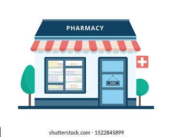 Cartoon pharmacy building exterior isolated on white background - cute flat drug store front with from outside view with open sign on door, vector illustration.