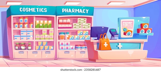 Cartoon pharmacy interior with drugs on shelves. Vector illustration of drugstore, cosmetic bottles, boxes of pills, tablets on shelf, computer and pos terminal on cash desk, pharmaceutical business