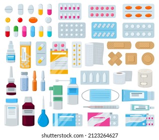 Cartoon pharmacy medication, pills bottle, drugs and patches. Medicines, sprays and pharmaceuticals hospital equipment vector illustration set. Pharmacy elements, healthcare and disease treatment