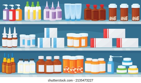 Cartoon pharmacy shelves with medical products and pill bottles. Medicines, medical drugs on drugstore shelf or showcase vector illustration. Medication assortment for healthcare, shop with remedies