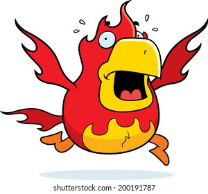 A cartoon phoenix running in a panic.