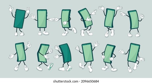 Cartoon phone character. Vector screen body smartphone mascot person with pop art hands and legs. Vector isolated set