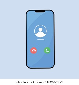 Cartoon phone with incoming call on display flat vector illustration. Mobile user interface. Accept button, Reject button. Phone call screen. Smartphone, Phone call screen mockup isolated