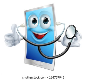 A cartoon phone mascot  holding a stethoscope and doing thumbs up