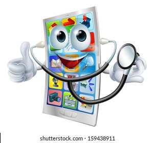 Cartoon phone mascot man holding a stethoscope and giving a thumbs up