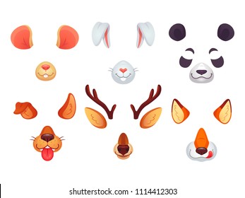 Cartoon phone masks. Funny animals ears, tongue and eyes. Brown dog bunny red fox panda bear mouse and deer mask for smartphone app avatar photos. Animal character faces colorful icons isolated