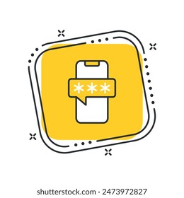 Cartoon phone password vector illustration. Enter code on isolated yellow square background. Verification security sign concept.