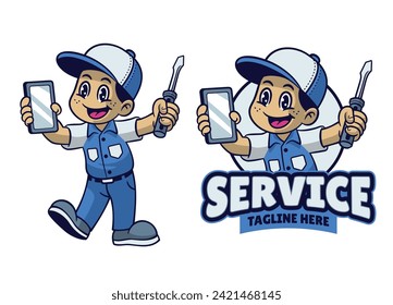 Cartoon Phone Repair Service Mechanic Mascot Design