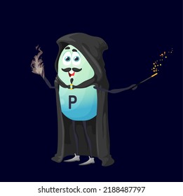 Cartoon phosphorus micronutrient wizard character. Isolated vector P warlock or necromancer personage wear black cape, holding wand and fireball in hands. Funny food supplement, nutrient mage or wiz