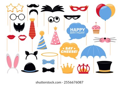 Cartoon photo booth props. Funny party decor for photography shooting. Fun event accessories. Beards with mustaches. Eyeglasses and hats. Rabbit ear headband. Vector