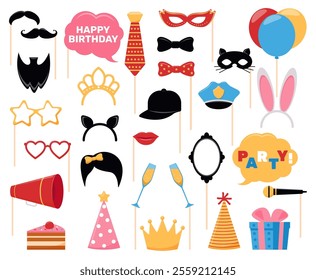 Cartoon photo booth props. Party decor for photography shooting. Masquerade masks. Holiday eyeglasses. Extravagant glasses. False mustaches and beards. Vector carnival