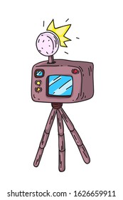 Cartoon photo camera with flash on tripod taking picture isolated on white. Digital device, special tool equipment for professional photographer. Photography technological support. Vector illustration