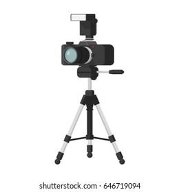 Cartoon photo camera with flash on tripod isolated on white background in modern flat style vector illustration